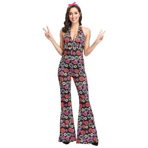 1960s Adult Hippie Hottie One-piece Groovy Disco Dancing Flared Jumpsuit Halloween Costume N19123