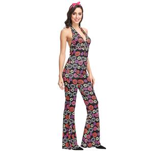 1960s Adult Hippie Hottie One-piece Groovy Disco Dancing Flared Jumpsuit Halloween Costume N19123