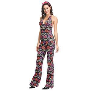 1960s Adult Hippie Hottie One-piece Groovy Disco Dancing Flared Jumpsuit Halloween Costume N19123