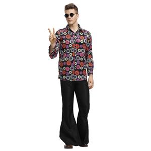 1960s Mens Hippie Flower Shirt Groovy Disco Dancing Flared Trousers Halloween Costume N19393