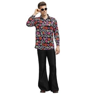 1960s Mens Hippie Flower Shirt Groovy Disco Dancing Flared Trousers Halloween Costume N19393