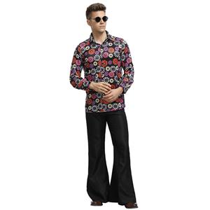 1960s Mens Hippie Flower Shirt Groovy Disco Dancing Flared Trousers Halloween Costume N19393