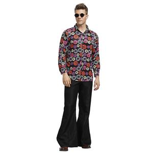 1960s Mens Hippie Flower Shirt Groovy Disco Dancing Flared Trousers Halloween Costume N19393