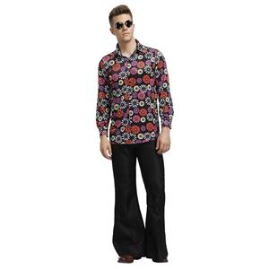 1960s Mens Hippie Flower Shirt Groovy Disco Dancing Flared Trousers Halloween Costume N19393