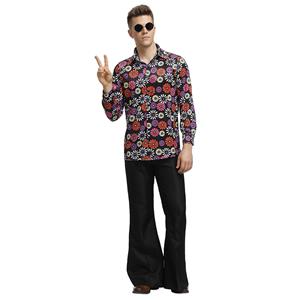 1960s Mens Hippie Flower Shirt Groovy Disco Dancing Flared Trousers Halloween Costume N19393