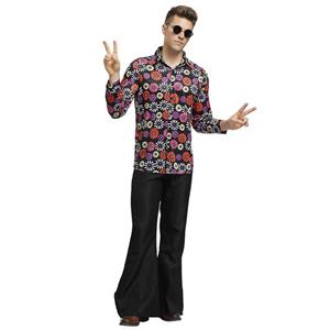 1960s Mens Hippie Flower Shirt Groovy Disco Dancing Flared Trousers Halloween Costume N19393