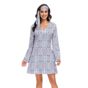 2Pcs Hippie Girl V Neck Bell Sleeves Printed Mini Dress With Headband Adult Cosplay Costume N20595