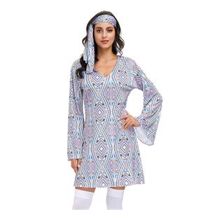 2Pcs Hippie Girl V Neck Bell Sleeves Printed Mini Dress With Headband Adult Cosplay Costume N20595