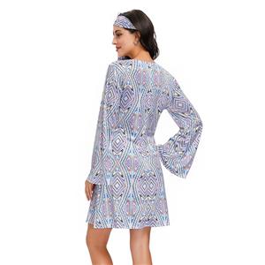 2Pcs Hippie Girl V Neck Bell Sleeves Printed Mini Dress With Headband Adult Cosplay Costume N20595