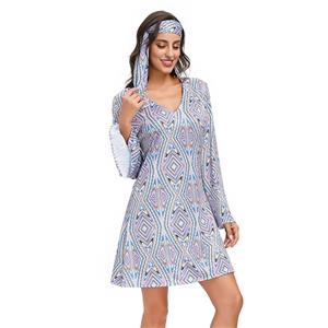 2Pcs Hippie Girl V Neck Bell Sleeves Printed Mini Dress With Headband Adult Cosplay Costume N20595