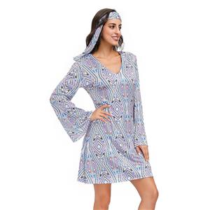 2Pcs Hippie Girl V Neck Bell Sleeves Printed Mini Dress With Headband Adult Cosplay Costume N20595