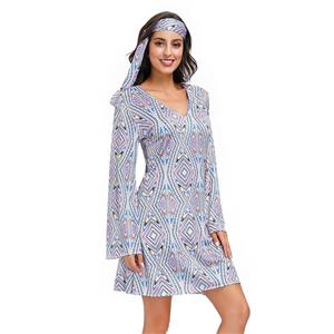 2Pcs Hippie Girl V Neck Bell Sleeves Printed Mini Dress With Headband Adult Cosplay Costume N20595