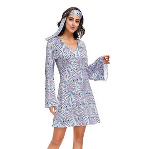 2Pcs Hippie Girl V Neck Bell Sleeves Printed Mini Dress With Headband Adult Cosplay Costume N20595