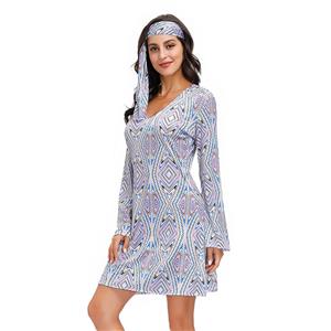 2Pcs Hippie Girl V Neck Bell Sleeves Printed Mini Dress With Headband Adult Cosplay Costume N20595