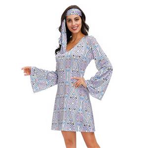 2Pcs Hippie Girl V Neck Bell Sleeves Printed Mini Dress With Headband Adult Cosplay Costume N20595