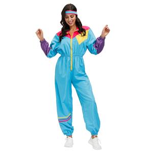 Hippie Girl Disco Dynamic Colorblock Long Sleeve Jumpsuit With Headband Adult Costume N20597
