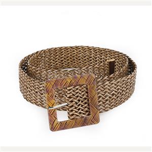 Women's Fashion All-match Khaki Braided Hollow Out Square Buckle Waist Belt N17937