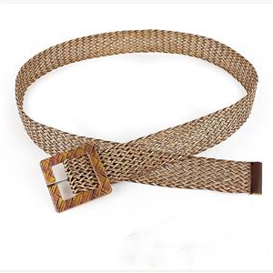 Women's Fashion All-match Khaki Braided Hollow Out Square Buckle Waist Belt N17937