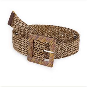 Women's Fashion All-match Khaki Braided Hollow Out Square Buckle Waist Belt N17937