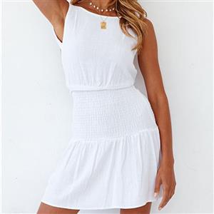 Hot Sexy Women's White Round Neck Sleeveless Backless One-step Skirt Ruffle Dress N21110