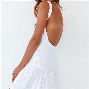 Hot Sexy Women's White Round Neck Sleeveless Backless One-step Skirt Ruffle Dress N21110