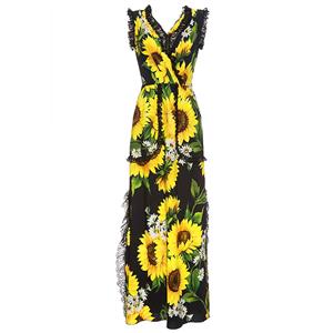 Hot Summer V Neck Pleated Patchwork Sunflower Pint Maxi Dress N13095