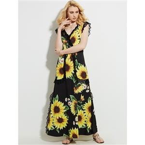 Hot Summer V Neck Pleated Patchwork Sunflower Pint Maxi Dress N13095