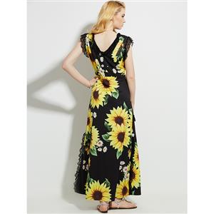 Hot Summer V Neck Pleated Patchwork Sunflower Pint Maxi Dress N13095