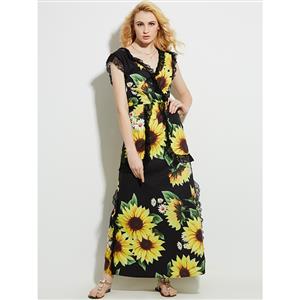 Hot Summer V Neck Pleated Patchwork Sunflower Pint Maxi Dress N13095