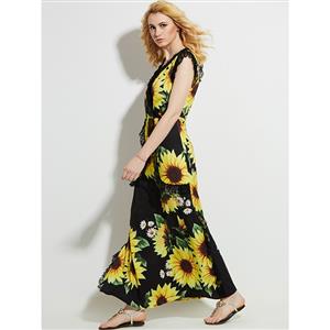 Hot Summer V Neck Pleated Patchwork Sunflower Pint Maxi Dress N13095