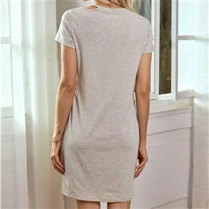 Fashion Light-grey V Neck Short Sleeve Irregular Kink Casual T-shirt Dress N20558