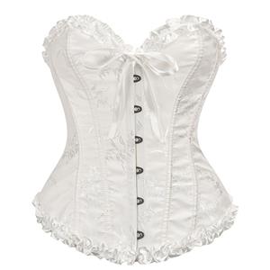 Victorian Gothic Brocade Plastic Boned Ruffle Waist Cincher Body Shaper Overbust Corset N21852