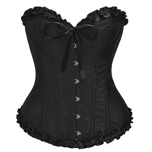 Victorian Gothic Brocade Plastic Boned Ruffle Waist Cincher Body Shaper Overbust Corset N21853