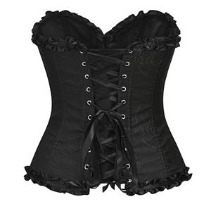 Victorian Gothic Brocade Plastic Boned Ruffle Waist Cincher Body Shaper Overbust Corset N21853