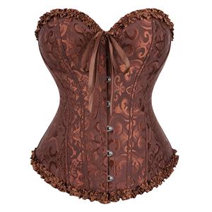 Victorian Gothic Brocade 12 Plastic Boned Ruffle Waist Cincher Body Shaper Overbust Corset N21645