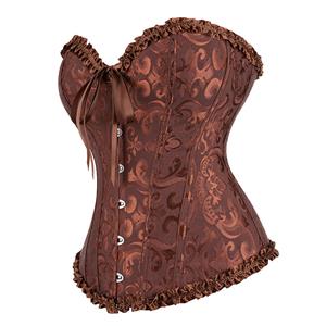 Victorian Gothic Brocade 12 Plastic Boned Ruffle Waist Cincher Body Shaper Overbust Corset N21645