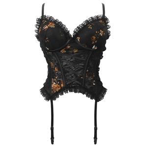 Lace Corset, Floral Print, Sexy Top, Vintage Style, Corset Top, Garter Straps, Lace Up, Women's Fashion, Elegant, Mystic #N23751