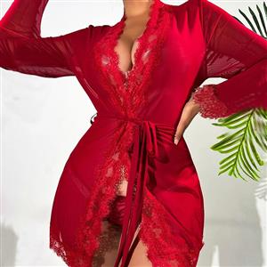 Sexy Lace Mesh and Fur Trim Long Sleeve Robe Babydoll Nightgown Bathrobe N22848
