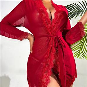 Sexy Lace Mesh and Fur Trim Long Sleeve Robe Babydoll Nightgown Bathrobe N22848