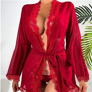 Sexy Lace Mesh and Fur Trim Long Sleeve Robe Babydoll Nightgown Bathrobe N22848