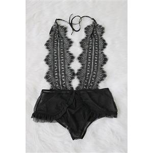 Sexy See-through Black Floral Lace Halter Deep V One-piece Stretchy Bodysuit Teddies Lingerie N19271