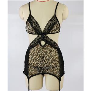 Sexy Black Sheer Mesh Leopard Thin shoulder Straps Stretchy Lingerie Set N19273