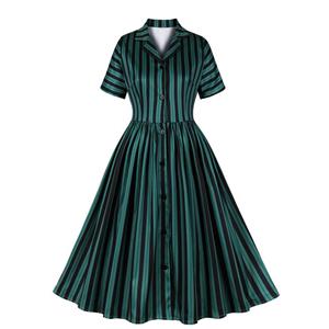 Women's Short-Sleeved One-Row Buttons Decorated Hepburn Suit Collar High-Waist Retro Full Swing Dress N23435