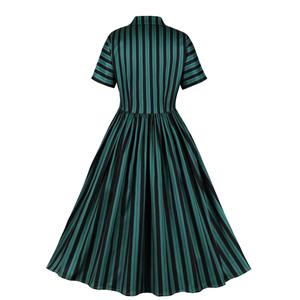 Women's Short-Sleeved One-Row Buttons Decorated Hepburn Suit Collar High-Waist Retro Full Swing Dress N23435