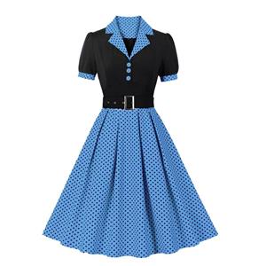 Retro Polka Dot Dress, Vintage Button-Down Collar Dress, 1950s Inspired Waist Belt Dress, Classic Dotted Summer Dress, Feminine Fit-and-Flare Dress, Short Sleeve Retro Dress, Slim Fit Polka Dot Dress, Adjustable Waist Retro Dress, Tailored Collar Party Dress, Stylish Belted A-Line Dress #N23716