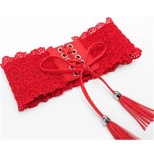 Fashion Red Faux Leather Floral Lace Lace-up Elastic Wide Waist Belt N16941