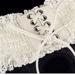 Fashion White Faux Leather Floral Lace Lace-up Elastic Wide Waist Belt N16942