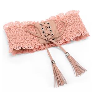 Fashion Pink Faux Leather Floral Lace Lace-up Elastic Wide Waist Belt N16943