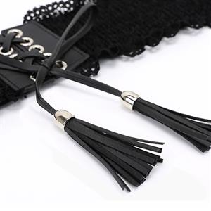 Fashion Black Faux Leather Floral Lace Lace-up Elastic Wide Waist Belt N16944