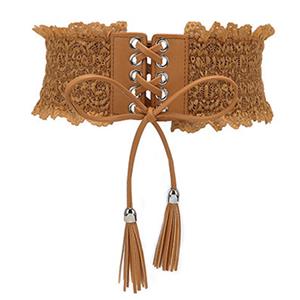 Fashion Camel Faux Leather Floral Lace Lace-up Elastic Wide Waist Belt N16946